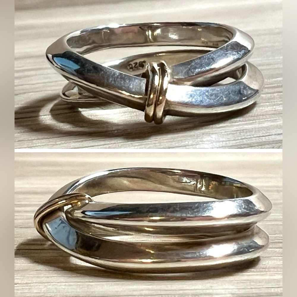 Vintage Designer Signed Sterling Silver & Gold Crossover Modernist Ring, Size 7